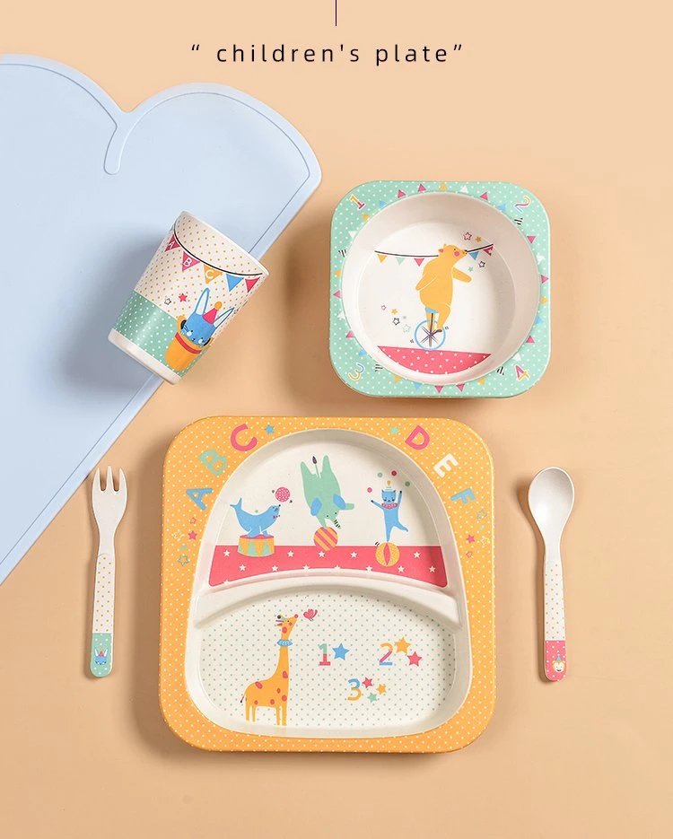 Wholesale BPA Free 5PCS Bamboo Fiber Melamine Kids Plate Set Baby Dinnerware Set