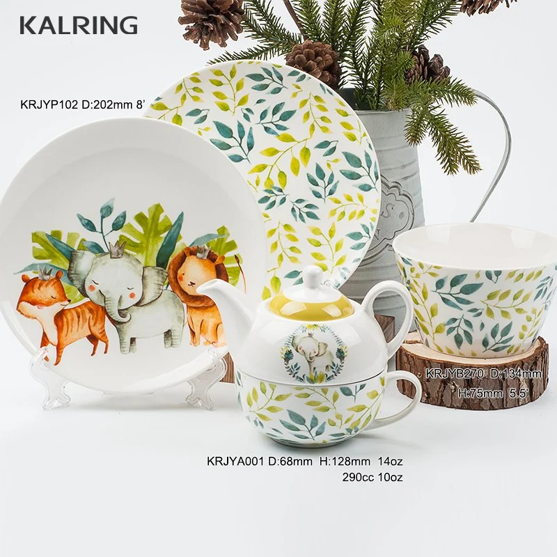 Ceramic Mug 8′ Palte Cup and Saucer with Color Glaze with Animal Design as Dinner Set