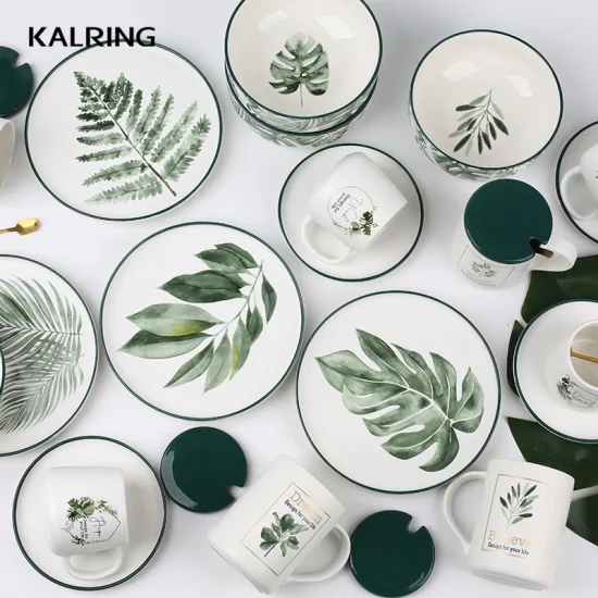 Kalring セラミックボウル、プラントグリーンデザイン、カラー、リムサイズ: 6 インチ、マットホワイト釉、外側、底部、グロスホワイト内側、日常使用向けにデザイン